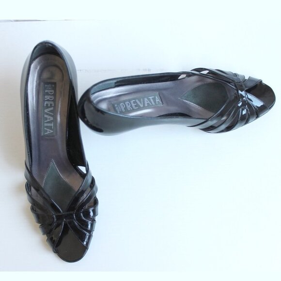 PREVATA  | Vintage Italian Leather Shoes 7 1/2 Black | Open-Toes Kitten Heels - Picture 2 of 15